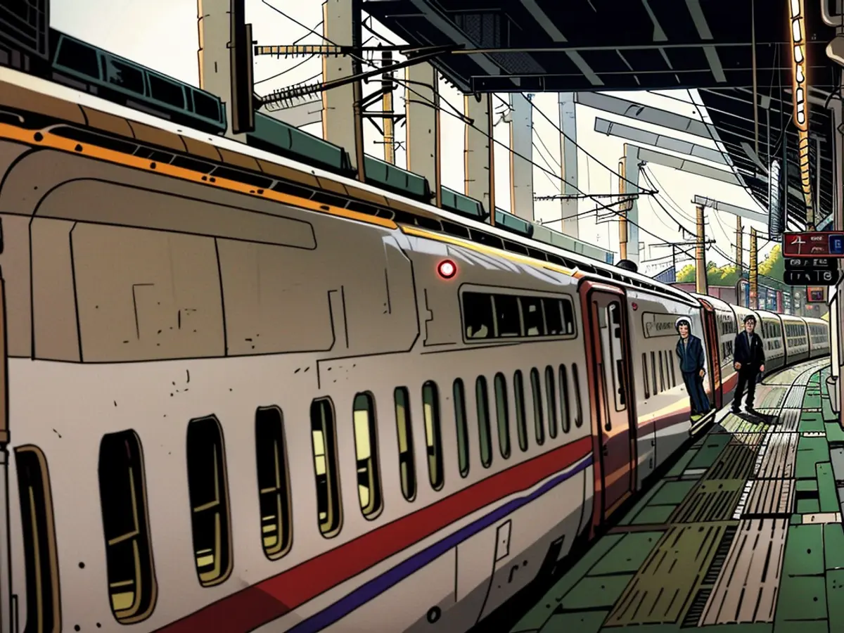Un dipendente delle Ferrovie Giapponesi sta accanto a un treno shinkansen bullet train presso la stazione di Karuizawa, nella località turistica omonima, prefettura di Nagano, il 21 maggio 2022.
