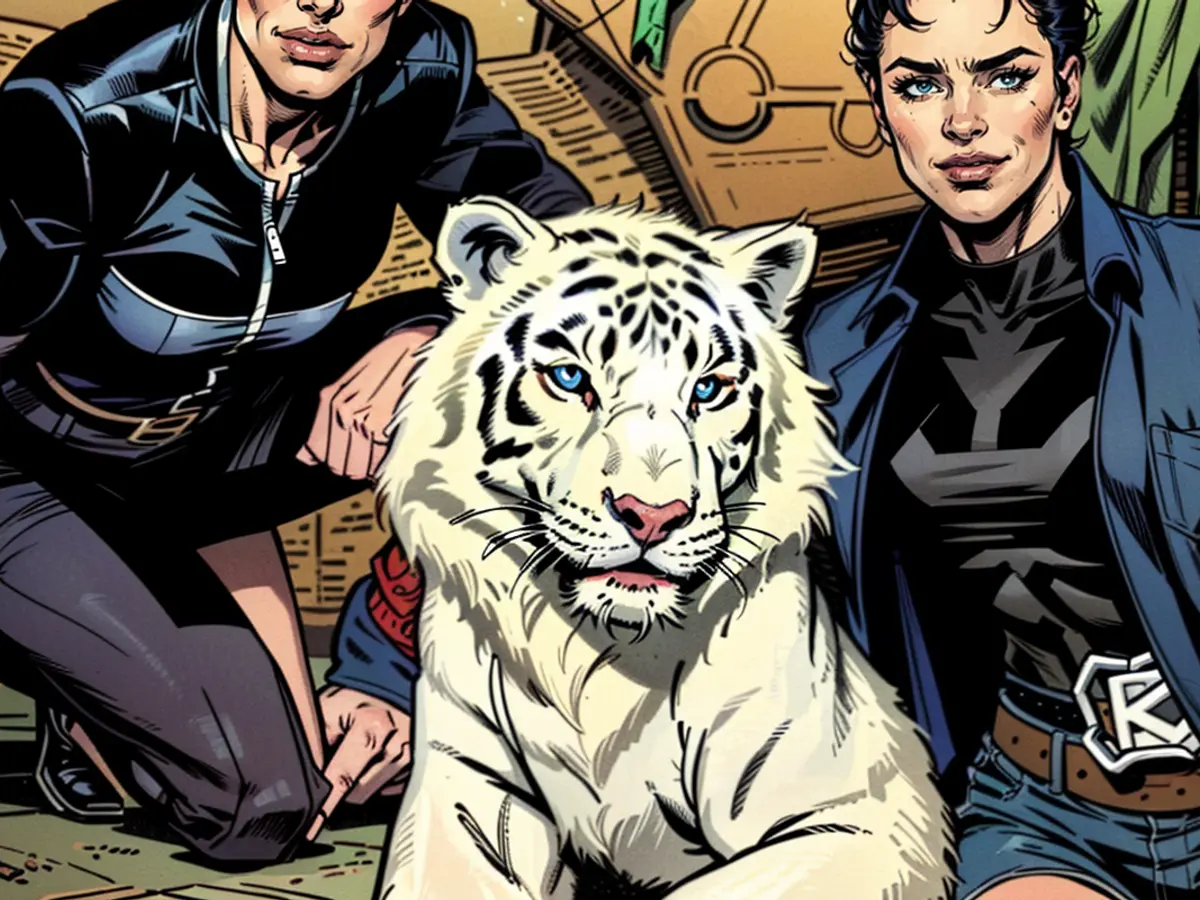 Siegfried & Roy pose with Mantacore, the white tiger who nearly killed Roy. Mantacore died in 2014.