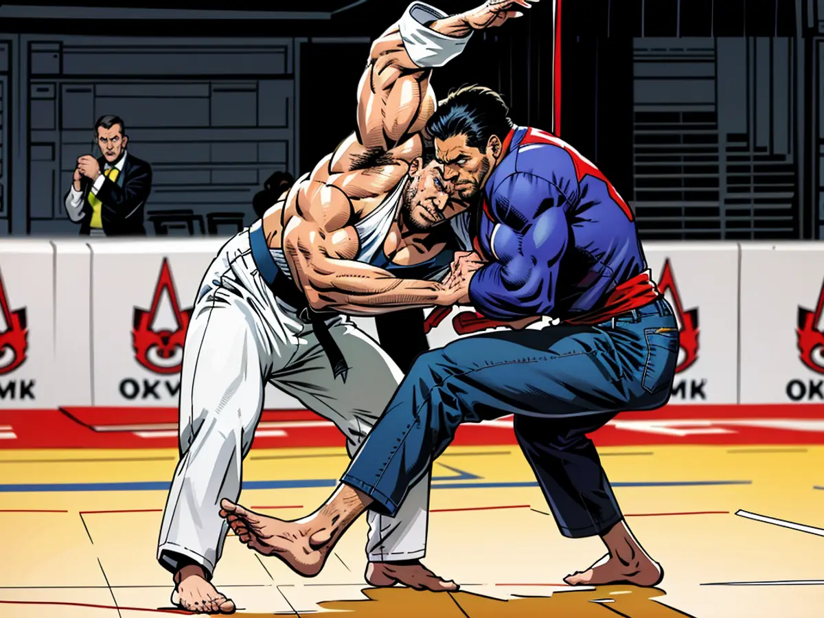 Adnan Khankan (white) competes in their men's under 100 kg category elimination round bout during the 2022 World Judo Championships at the Humo Arena in Tashkent on October 11, 2022.