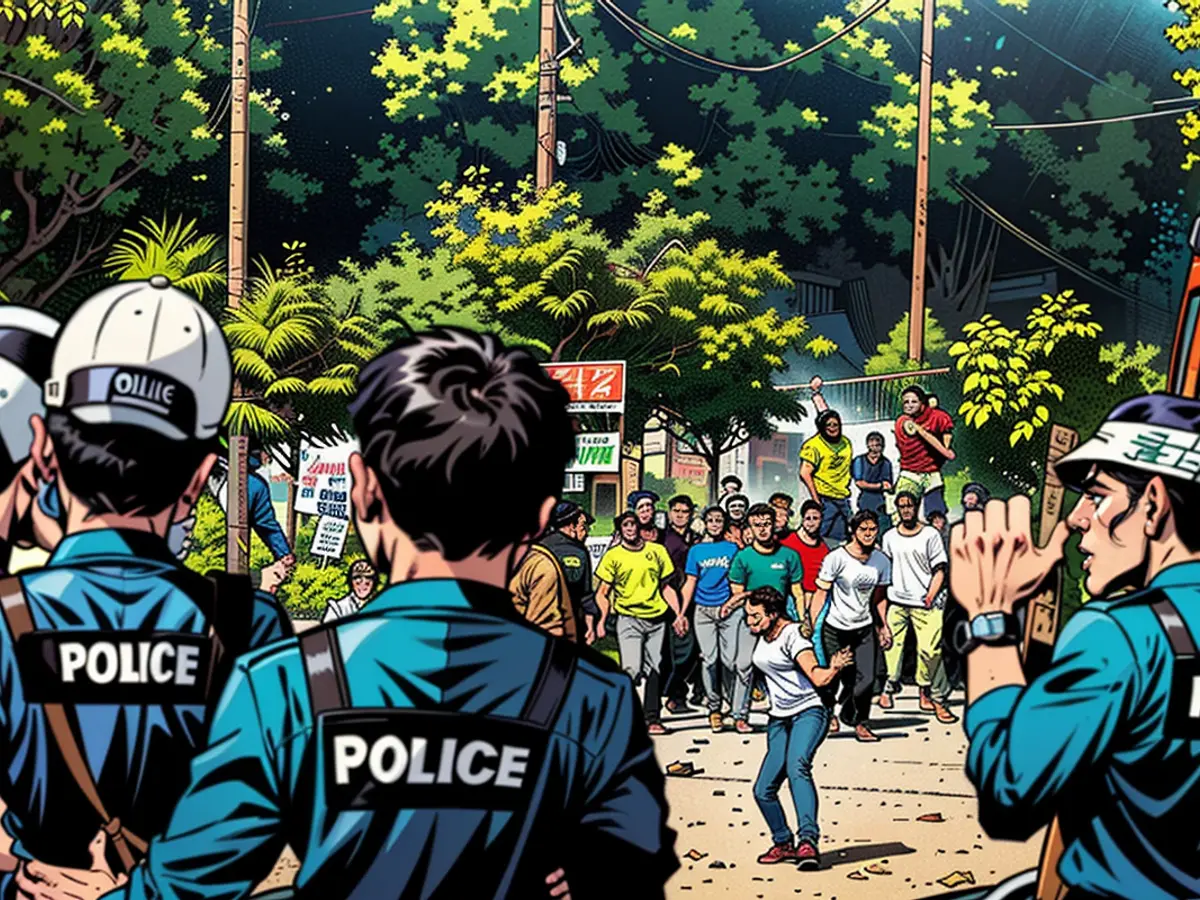 Studenten stüammen mit der Polizei während Demonstrationen in Dhaka am 18. Juli 2024.}