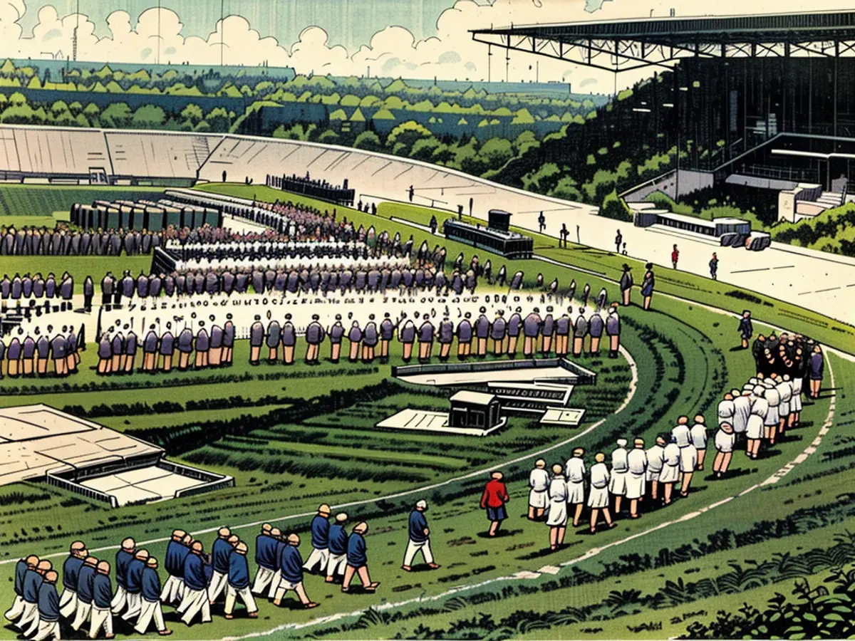 Atleti e ufficiali si recano durante la Cerimonia d'Apertura dei Giochi Olimpici 1924 a Parigi.