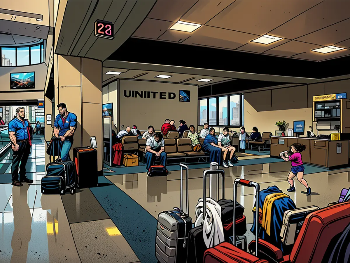 Passeggeri e piloti di compagnie aeree attendono all'Aeroporto Internazionale Newark dopo che United Airlines e altre compagnie hanno buonanotte voli a causa di un blackout tecnologico globale.