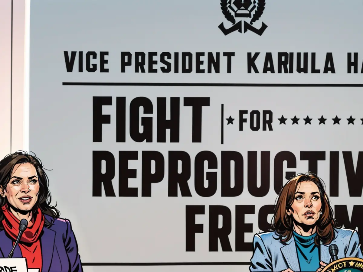 Vice-Präsidentin Kamala Harris (r.) und Michigans Gouverneurin Gretchen Whitmer (l.) bei einem 'Kampf durch für reproduktive Freiheiten'-Event im Frühling des Jahres 2024.