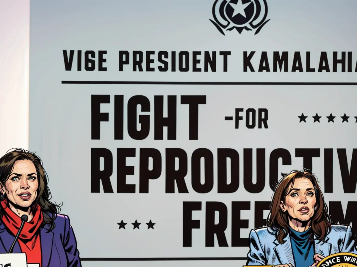 Vice President Kamala Harris (r.) e Governatore della Michigan Gretchen Whitmer (s.). In un evento 'Fight for Reproductive Freedoms' della primavera del 2024. [