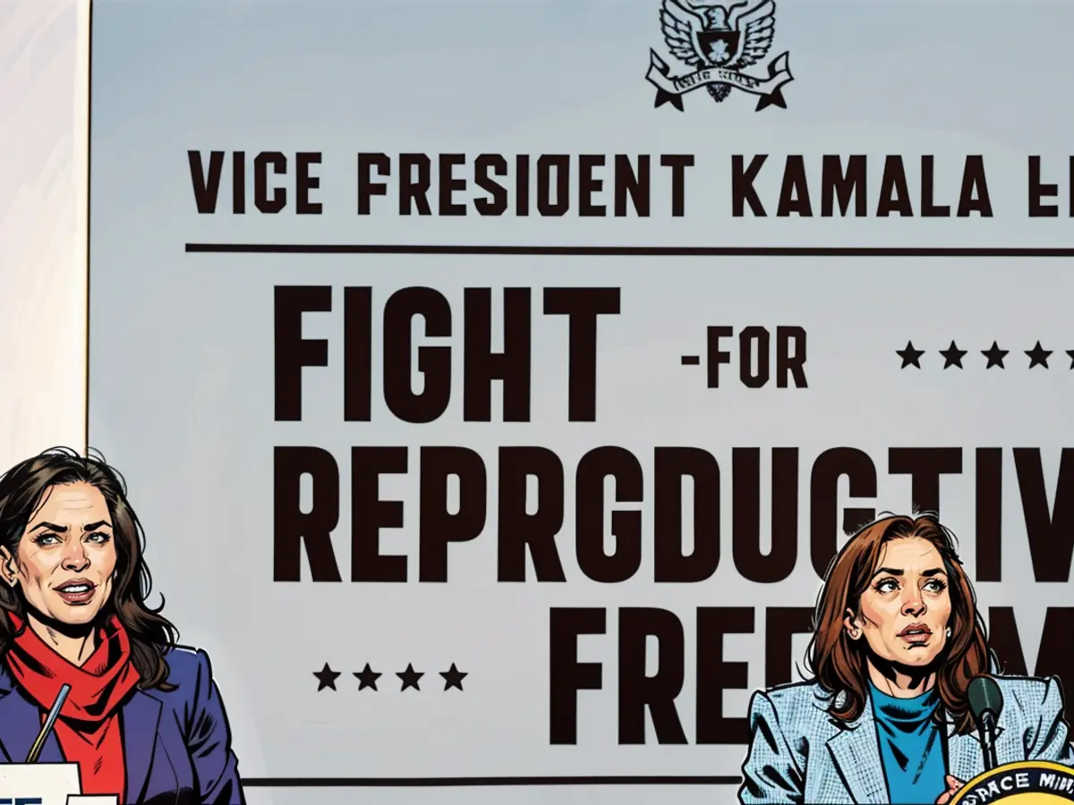 Vizepräsidentin Kamala Harris (r.) und Michigans Gouverneurin Gretchen Whitmer (l.) bei einem 'Kampf für reproduktive Freiheiten'-Event im Frühling des Jahres 2024.}