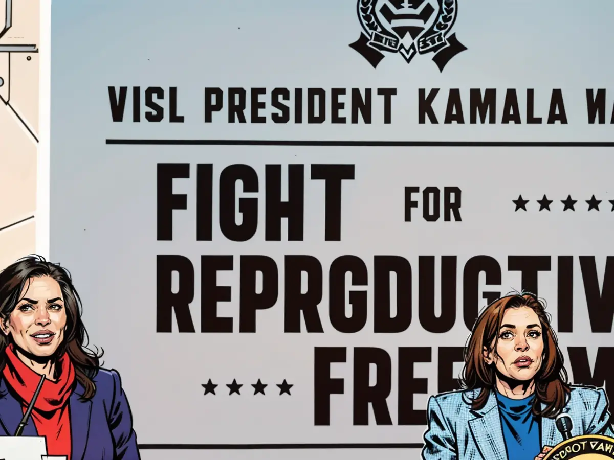Vice-Présidente des États-Unis Kamala Harris (d.) et la Gouverneure de l'État américain Michigan, Gretchen Whitmer (g.), à une « Lutte pour les libertés réproductives ».