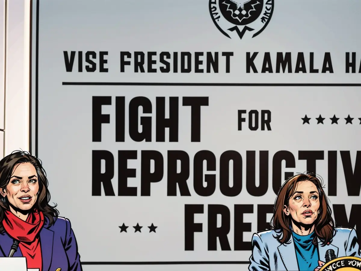Vizepräsidentin Kamala Harris (r.) und Michigans Gouverneurin Gretchen Whitmer (l.) auf einem 'Kampf für Reproductive Freiheiten'-Event im Frühling des Jahres 2024.
