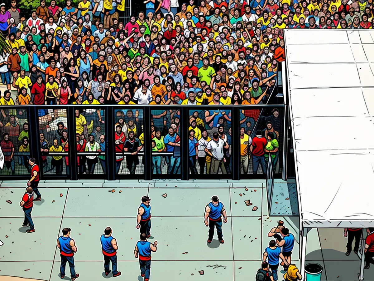 Zahledge Abgeordnete von Fans versuchen, in das Stadion einzusteigen, während Störungen vor dem CONMEBOL Copa America 2024-Endspiel zwischen Argentinien und Kolumbien am 14. Juli 2024 in Hard Rock Stadium in Miami Gardens, Florida stattfindet.