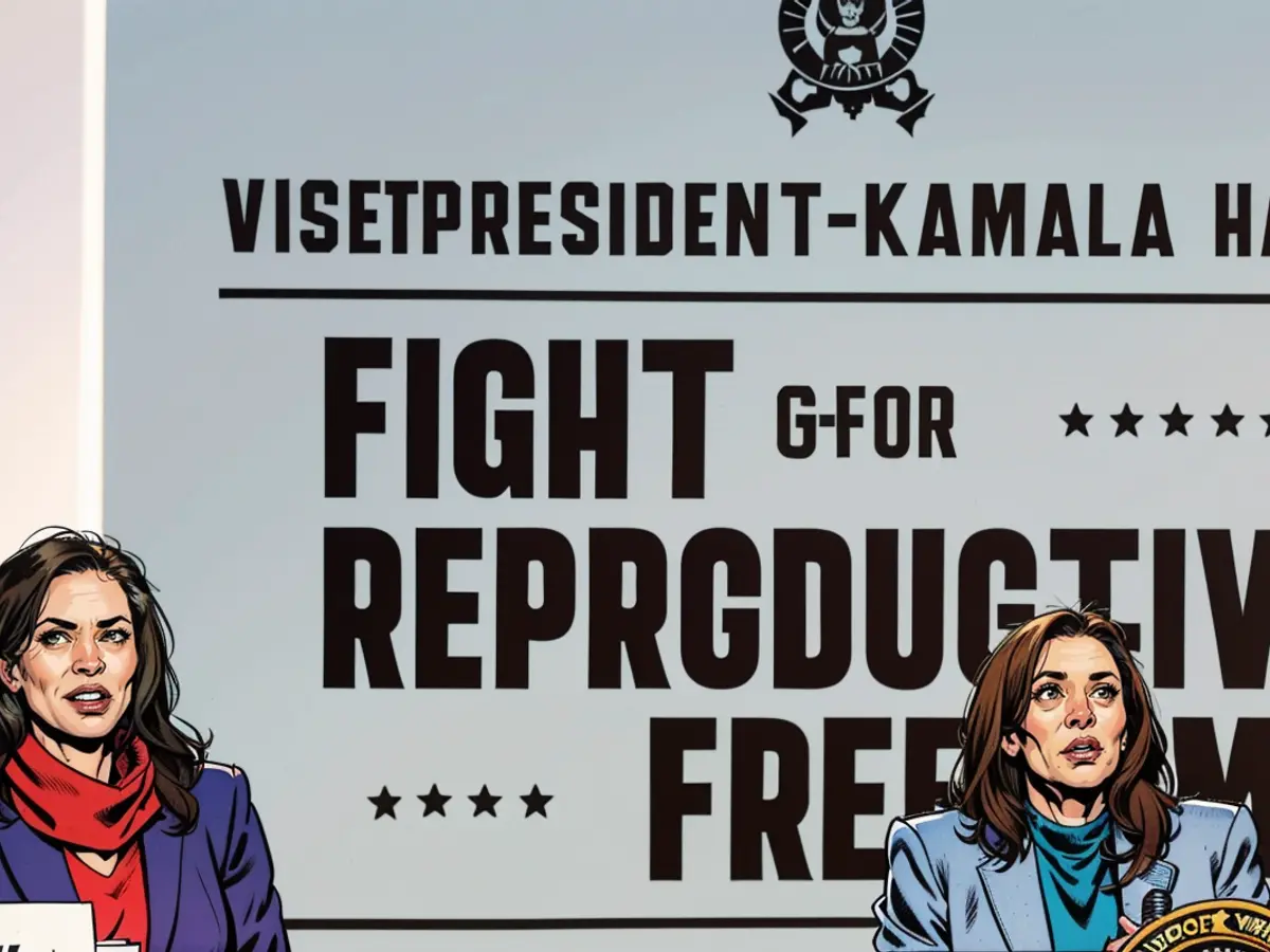 Vicepresidente Kamala Harris (d.) y la Gobernadora del Estado estadounidense Míchigan, Gretchen Whitmer (i.), en un evento denominado 'Lucha por las Libertades Reproductivas' en la primavera de 2024.