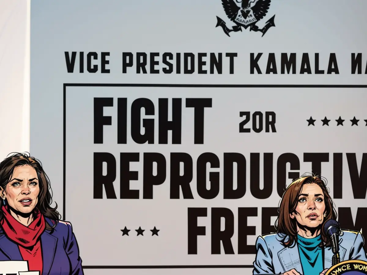 Vicepresidente Kamala Harris (d.) y la Gobernadora del Estado estadounidense de Michigan, Gretchen Whitmer (i.), en una lucha por los derechos reproductivos.