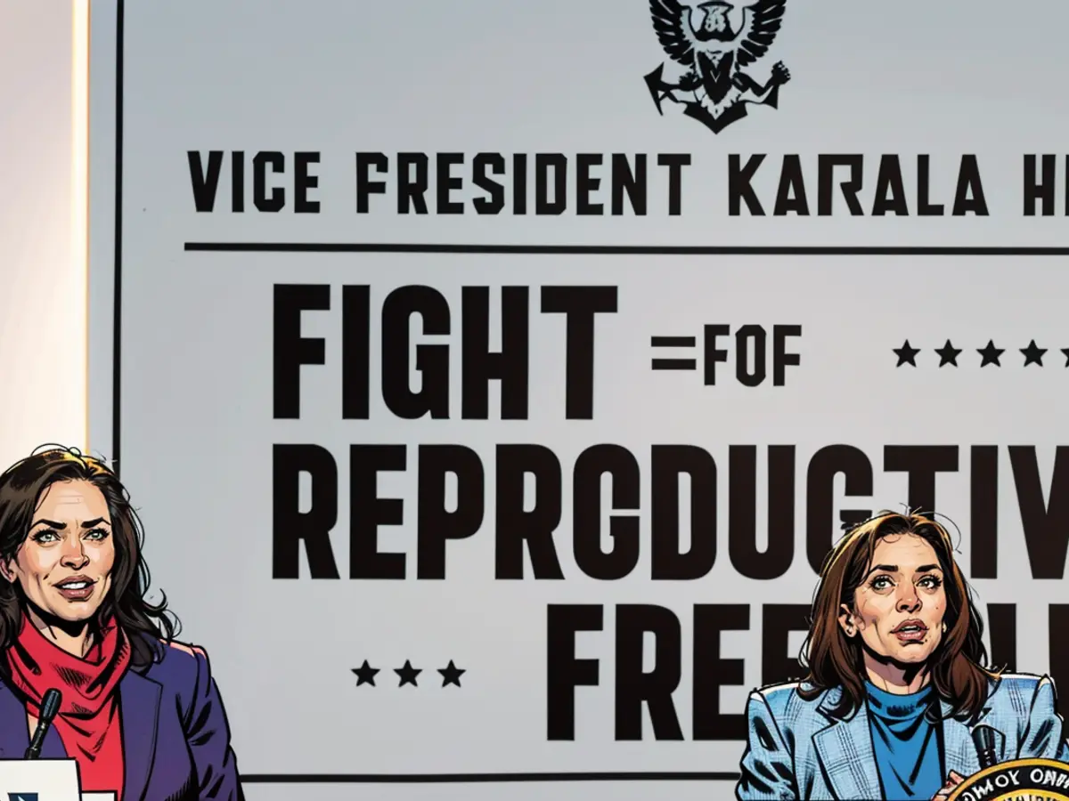 Vice-Présidente américaine Kamala Harris (droite) et la Gouvernante de Michigan Gretchen Whitmer (gauche) à une manifestation pour les libertés de reproductionprintemps de 2024.
