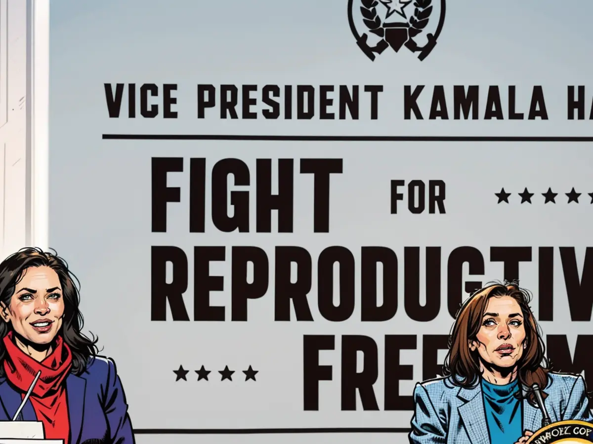 Vice-présidente des Etats-Unis Kamala Harris (d.) et gouverneure de Michigan Gretchen Whitmer (g.) à une manifestation pour les libertés réproductives au printemps de 2024.