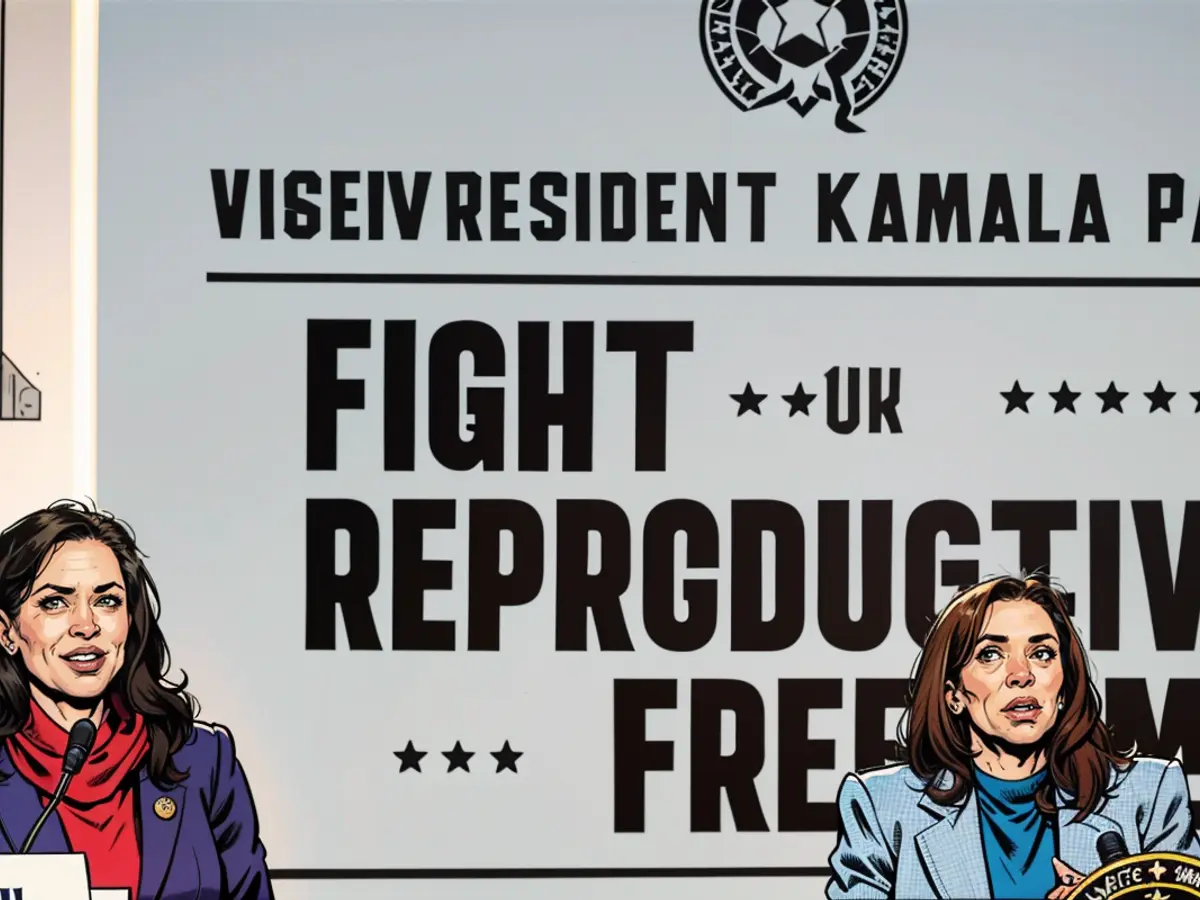 Vice-Présidente Kamala Harris (d.) et le gouverneur de MIchigan, Gretchen Whitmer (g.), à un événement intitulé « Lutte pour les libertés reproductives » au printemps de 2024.