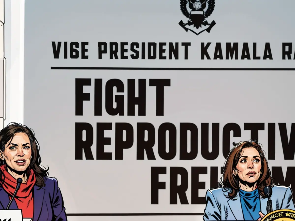 Vizepräsidentin Kamala Harris (r.) und Michigans Gouverneurin Gretchen Whitmer (l.) auf einem 'Kampf für Reproductive Freiheiten'-Event im Frühling des Jahres 2024.}