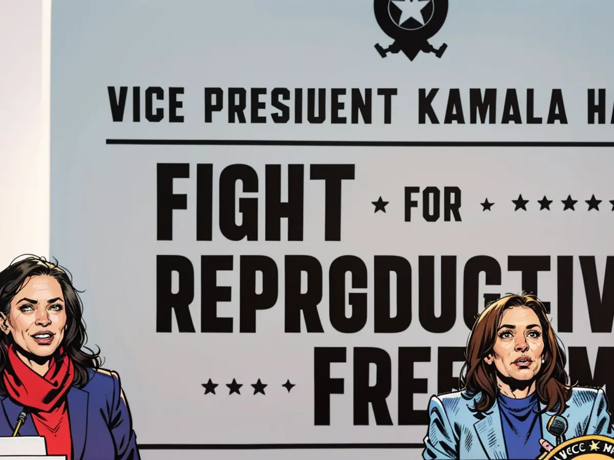 Vice-présidente des Etats-Unis Kamala Harris (d.) et la gouverneure de Michigan Gretchen Whitmer (g.) à une manifestation pour les libertés reproductives en printemps 2024.