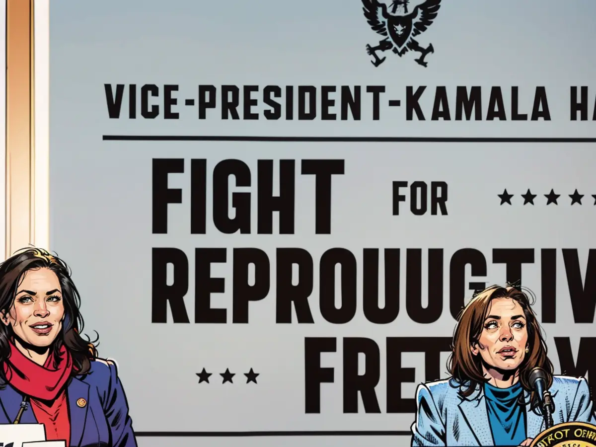 Vice-Präsidentin Kamala Harris (r.) und Michiganneys Gouverneurin Gretchen Whitmer (l.) auf einem 'Kampf für reproduktive Freiheiten'-Event im Frühling des Jahres 2024.