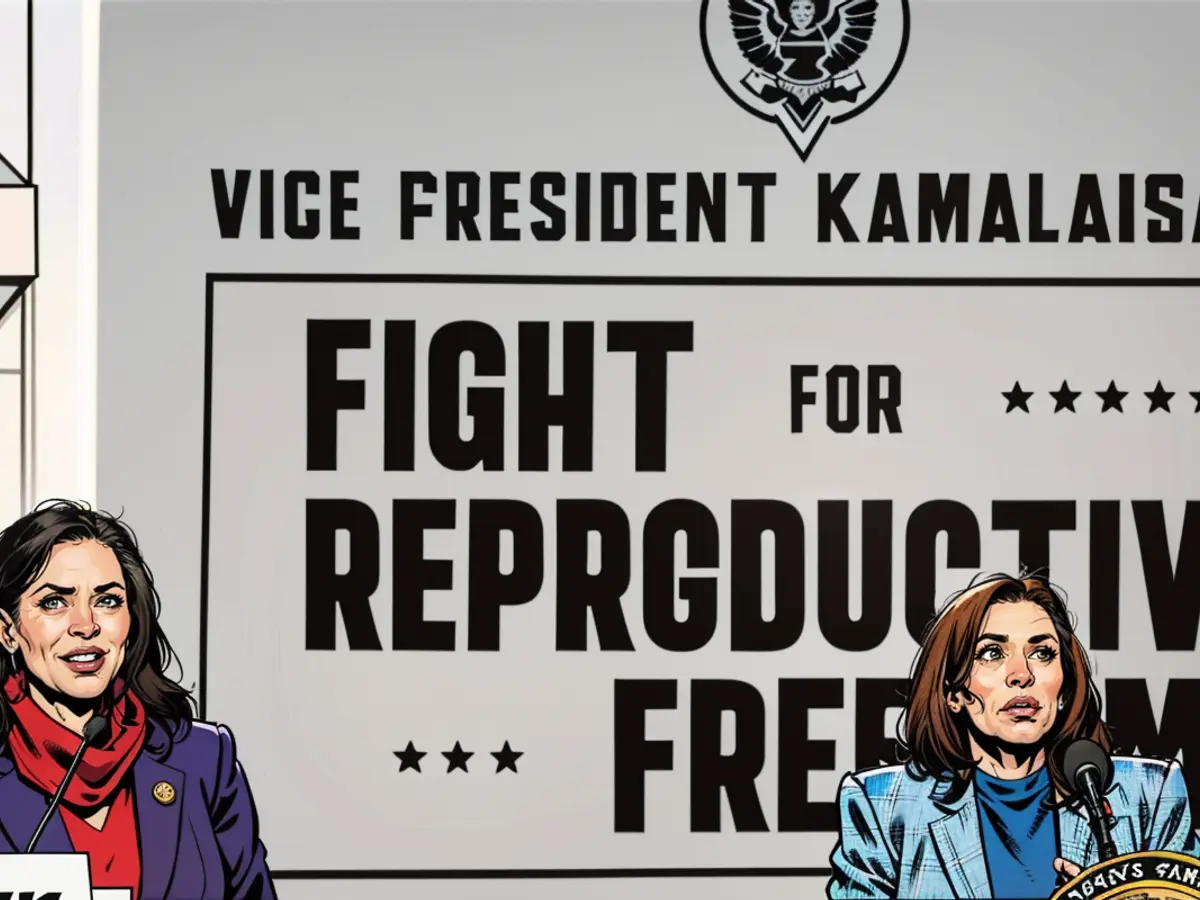 Vice-Präsidentin Kamala Harris (r.) und der Gouverneurin des US-Bundesstaates Michigan, Gretchen Whitmer (l.), auf dem 'Kampf für reproduktive Freiheiten'-Event im Frühling des Jahres 2024.}