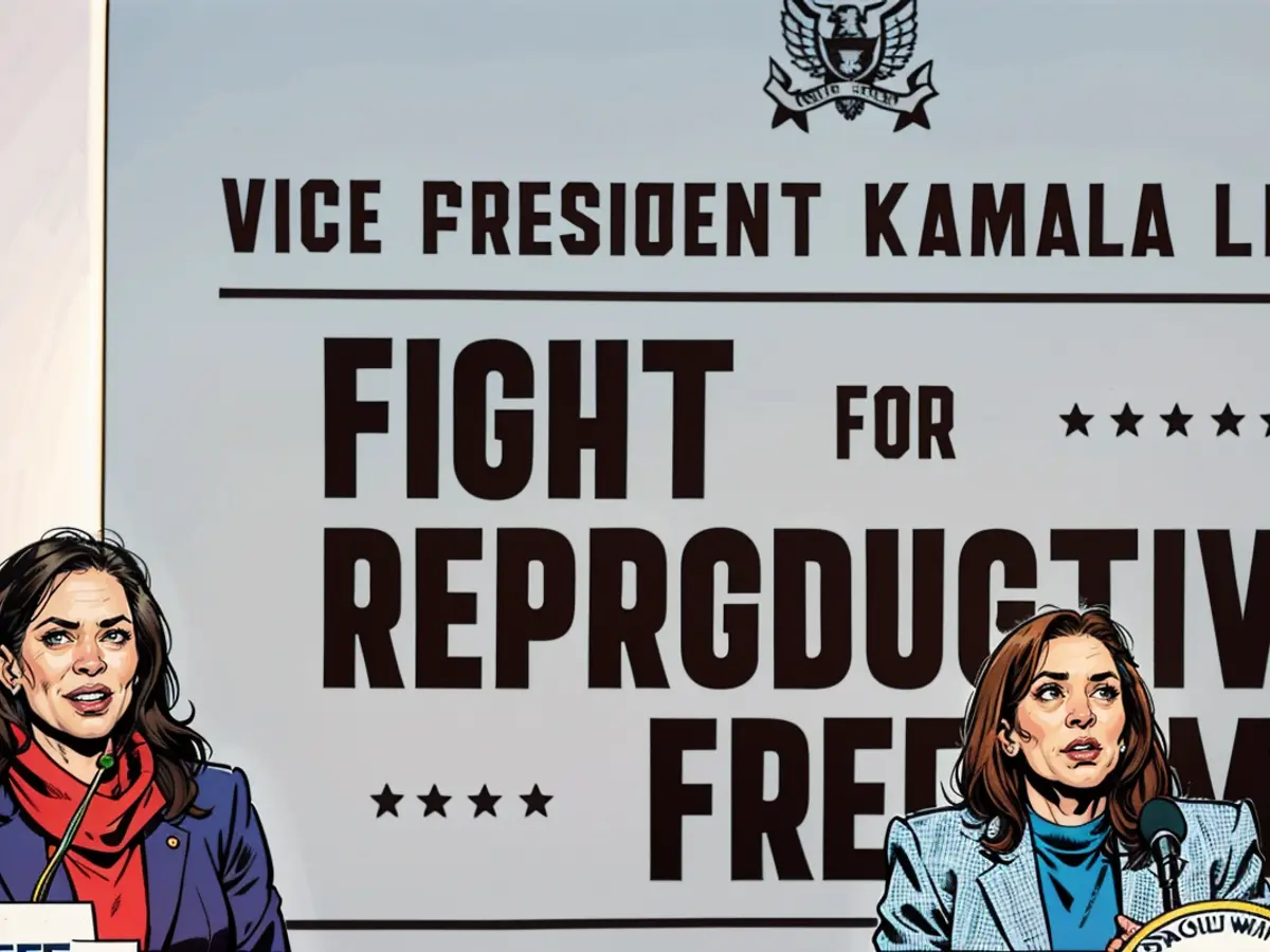 Vizepräsidentin Kamala Harris (r.) und Michigans Gouverneurin Gretchen Whitmer (l.) auf einer Veranstaltung gegen Reproduktionsbeschränkungen im Frühling des Jahres 2024.