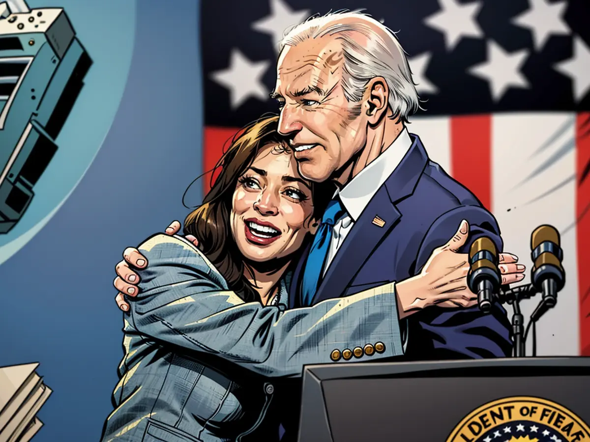 FILE - Vice President Kamala Harris embraces President Joe Biden after a speech on healthcare in Raleigh, N.C., March. 26, 2024. Harris has been the White House's first line of defense after President Joe Biden's faltering performance in last week's debate with Donald Trump. (AP 