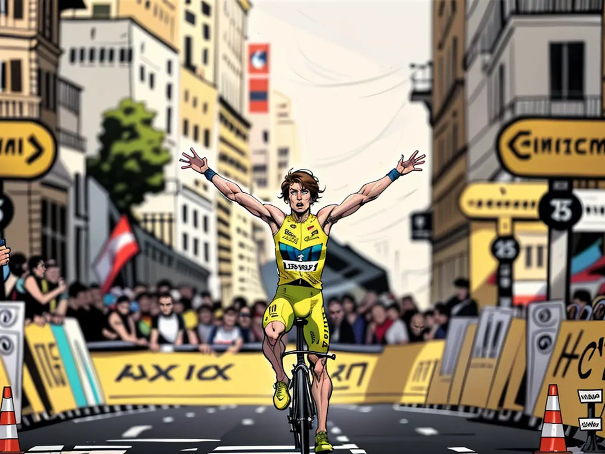 Pogačar crosses the finish line of Sunday's time trial in Nice, the final stage of this year's Tour de France.