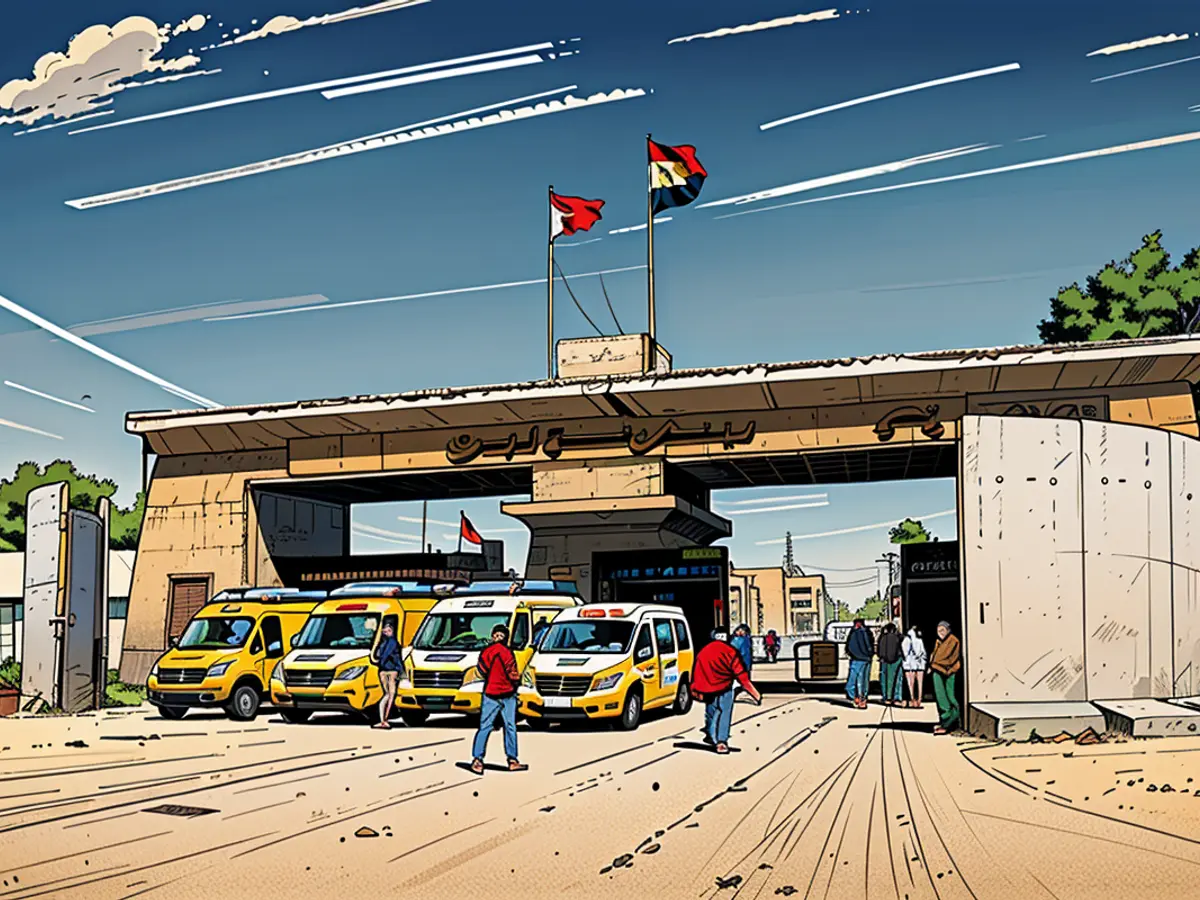 Ambulances lined up in front of the Egyptian side of the Rafah crossing during a visit of United Nations Secretary-General Antonio Guterres on March 23.