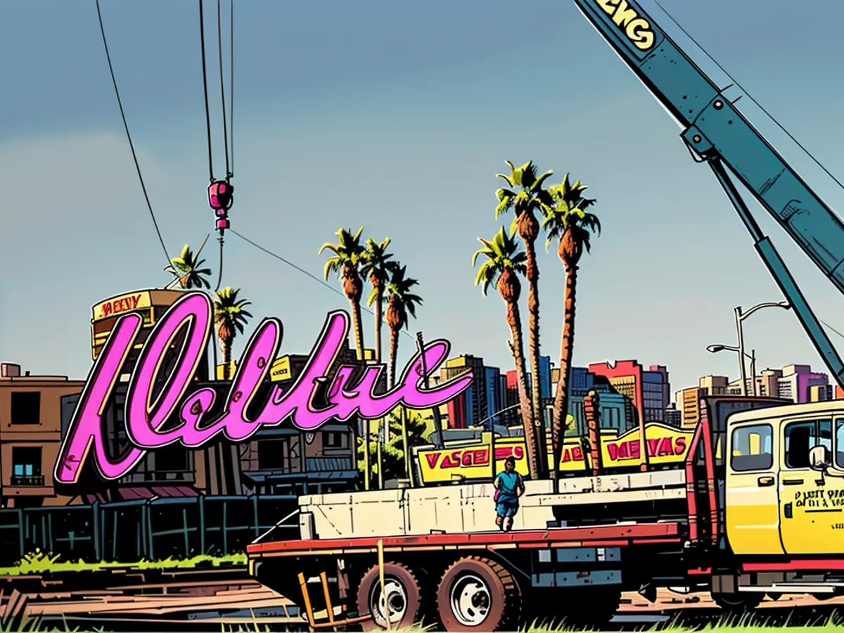 The 24-foot-long fuchsia “Debbie” sign from the Debbie Reynolds Hollywood Hotel and Casino gets delivered to the Neon Museum’s backyard, called the Neon Boneyard, in 2004. (The Neon Museum)