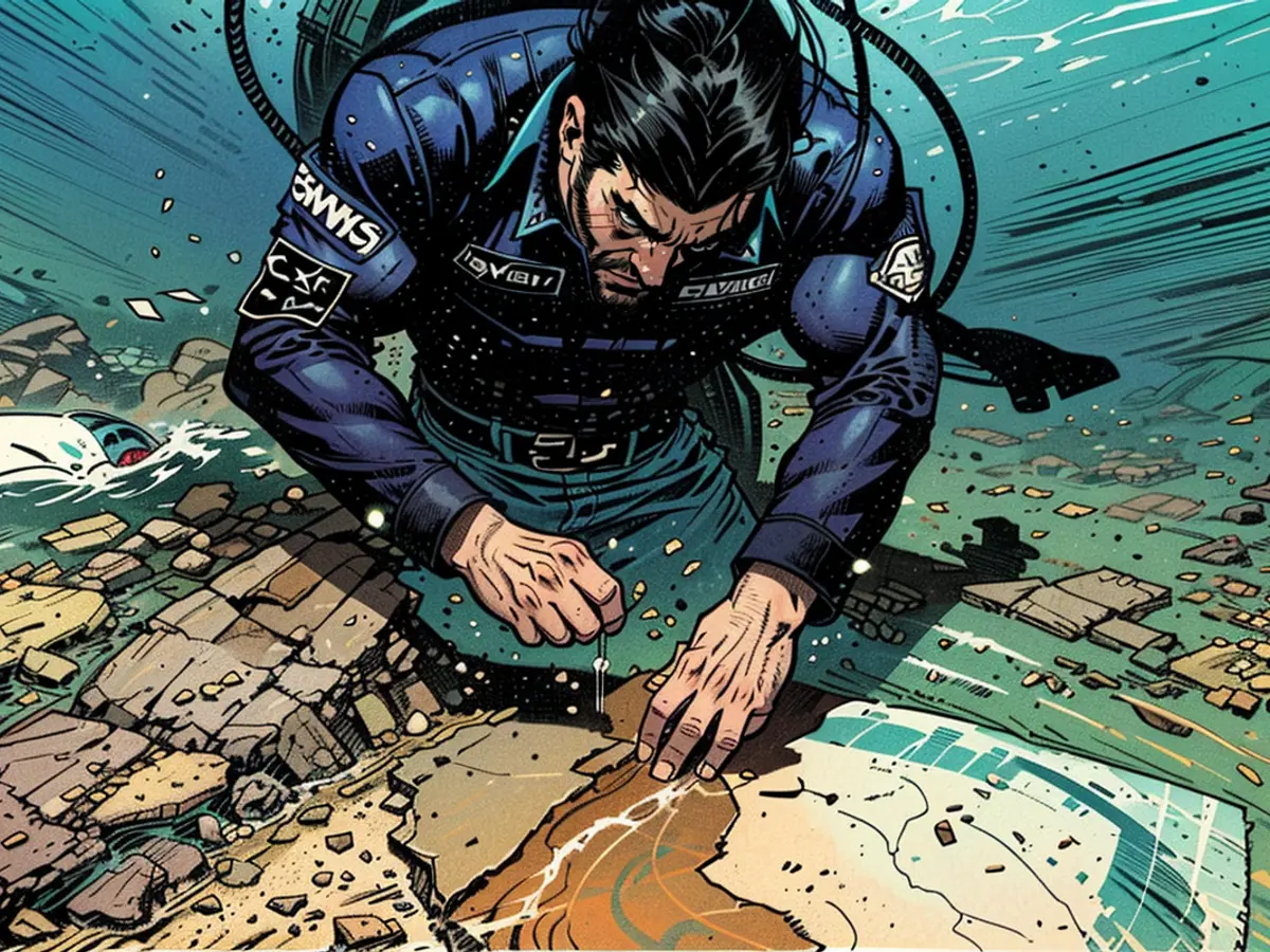 A diver works on the submerged mosaic floor.