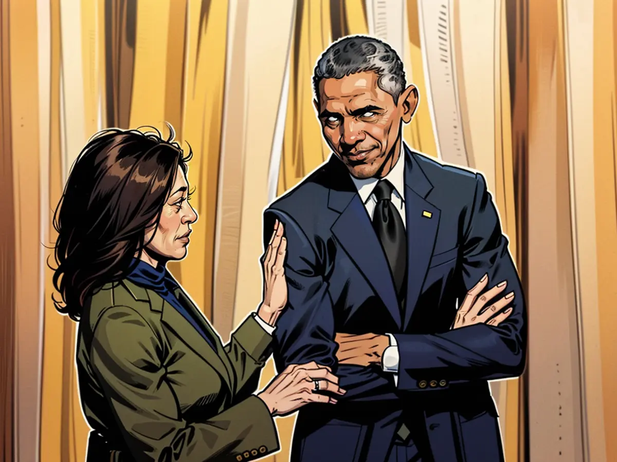 US Vice President Kamala Harris and the former US President Barack Obama at a meeting in the White House in April 2022. Should she become a presidential candidate, Harris would likely rely on Obama's support to win.