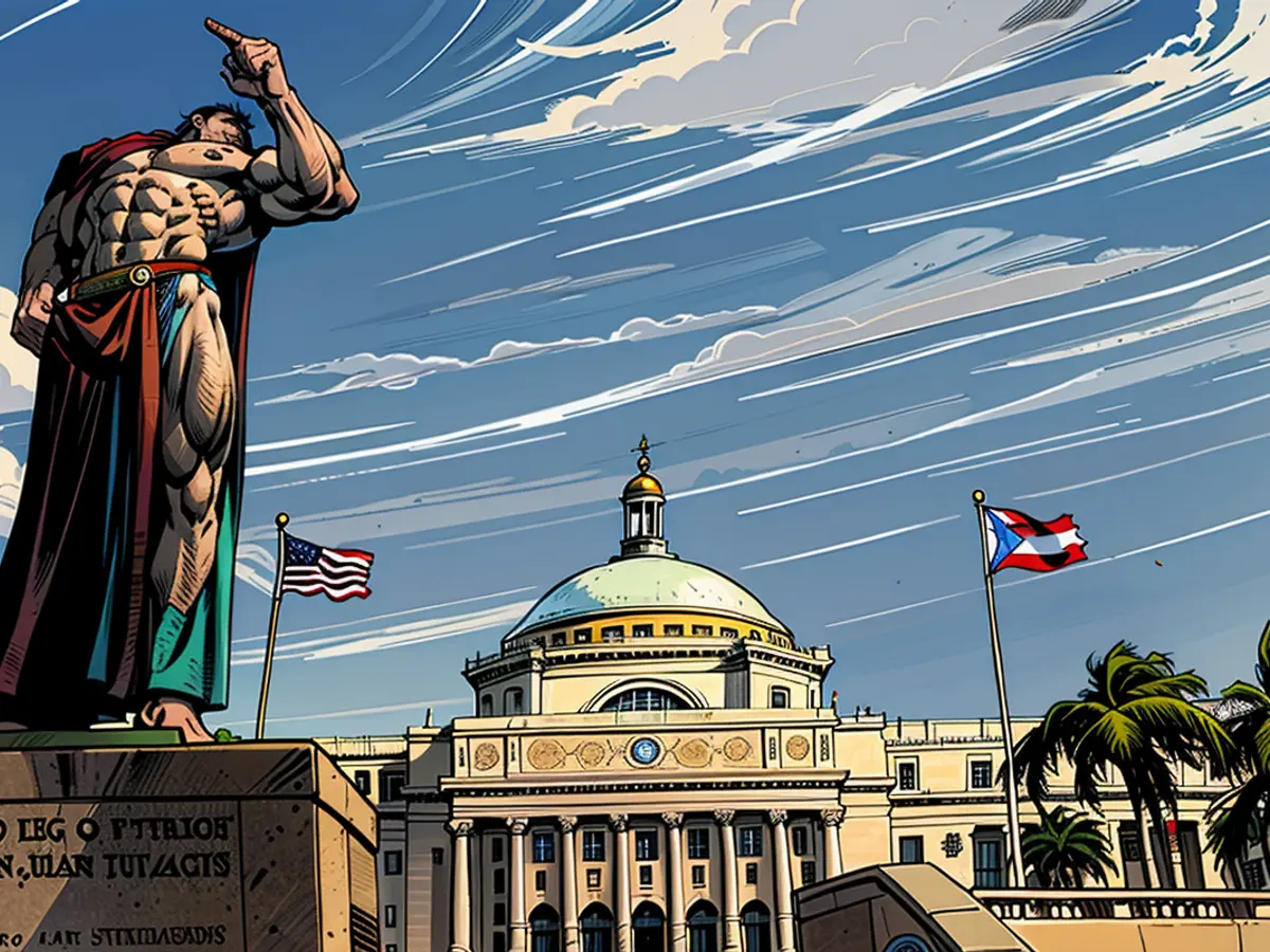 Un bronzo di San Juan Bautista stacommon fronte al Capitolio, fianchettato da bandiere degli Stati Uniti e portoricane, a San Juan, Porto Rico, dove venne presa Una sentenza il mercoledì per vietare la discriminazione per i capelli.