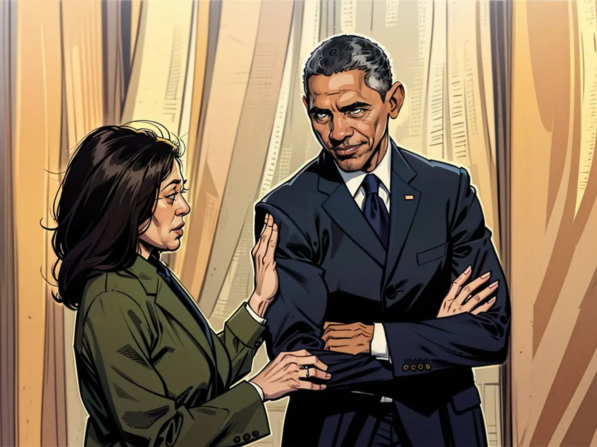 Vice-présidente des États-Unis Kamala Harris et l'ancien président des États-Unis Barack Obama pendant une rencontre à la Maison-Blanche en avril 2022. Si Harris recherchait la candidature présidentielle, elle se serait probablement appuyée sur le soutien d'Obama pour gagner.