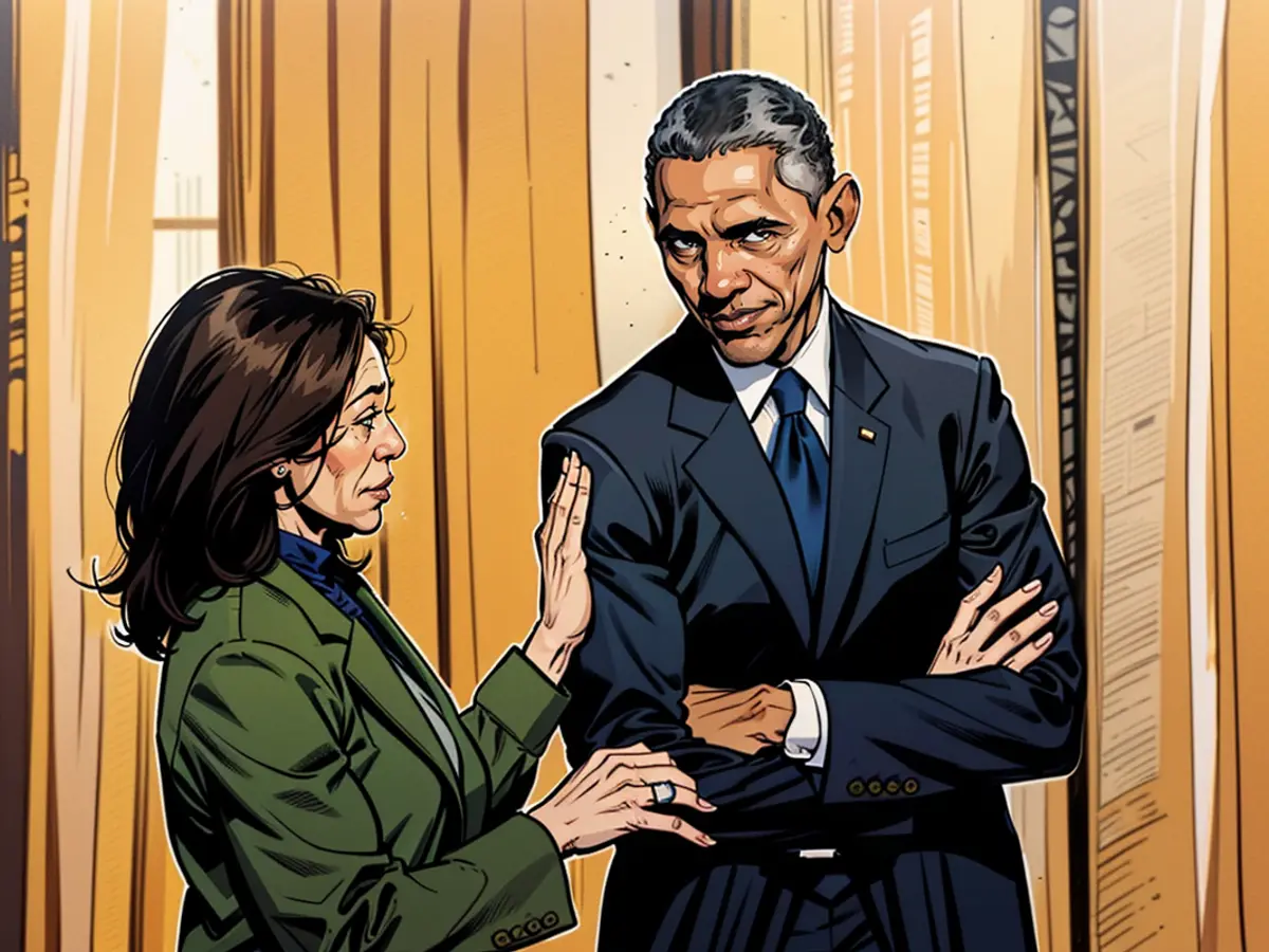 US Vice President Kamala Harris and the former US President Barack Obama during a meeting at the White House in April 2022. If she were to become a presidential candidate, Harris would likely rely on Obama's support to win.