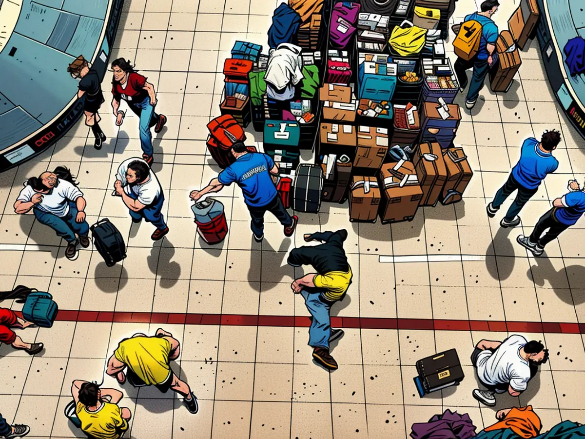 Reisende warten auf ihr Gepäck an der Check-aufgabe von Delta am Hartsfield-Jackson Atlanta International Airport (ATL) in Atlanta, Georgia, US, donnerstag, den 23. Juli 2024.