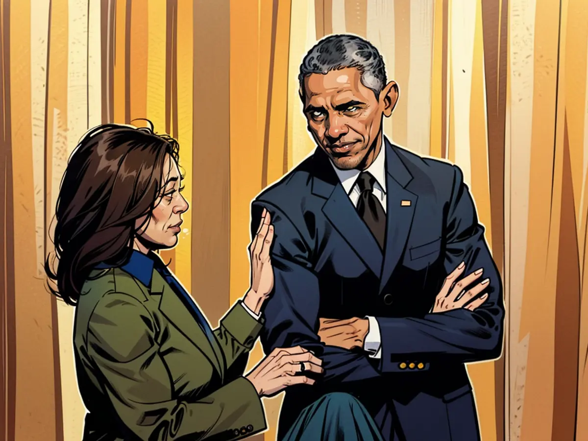 Vicepresidente statunitense Kamala Harris e l'ex presidente statunitense Barack Obama durante incontro al White House nel aprile 2022. In caso di sua candidatura presidenziale, Harris sarebbe probabilmente incline a contare sul suo appoggio per vincere.}