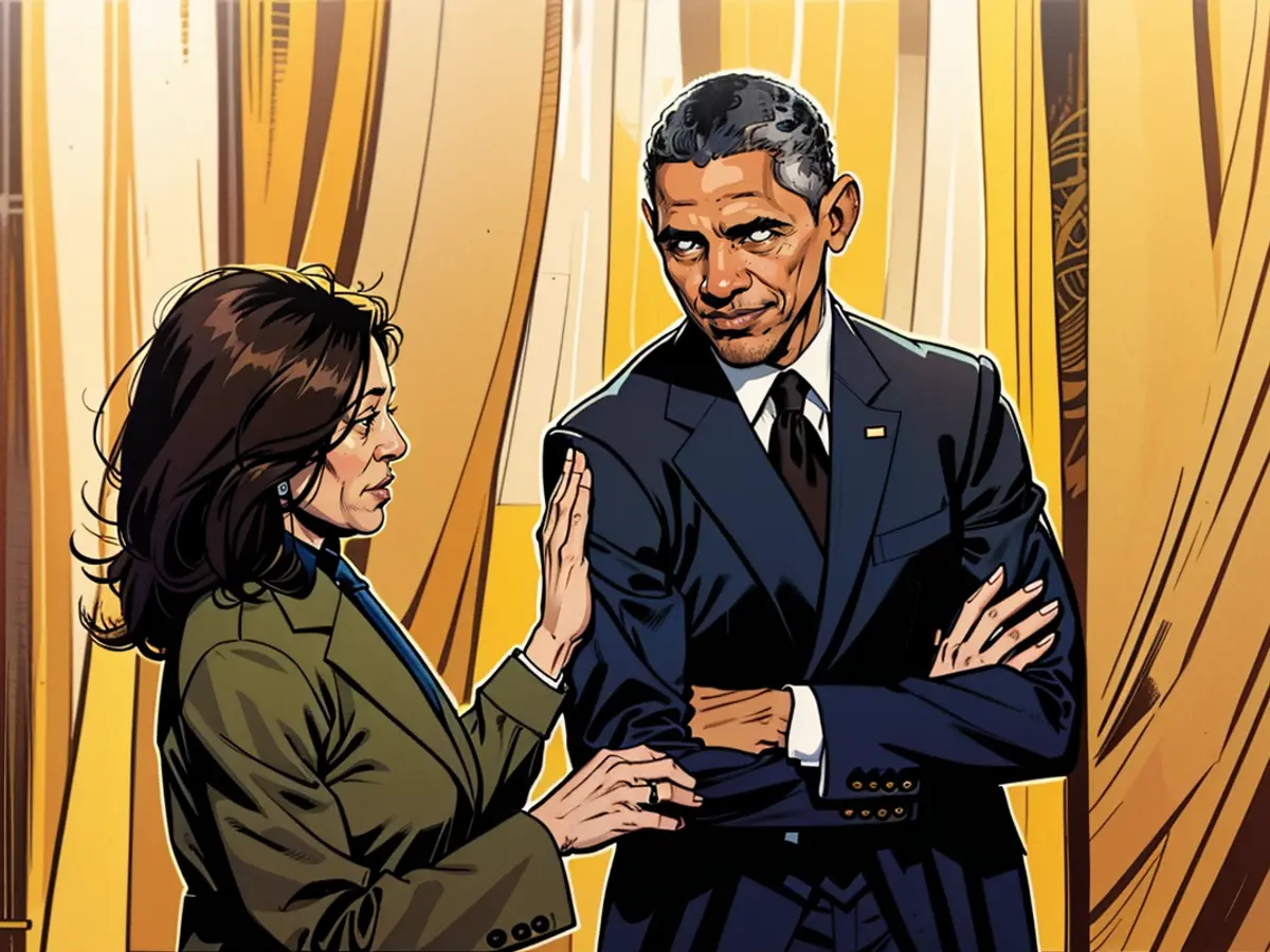 Der US-Vizepräsidentin Kamala Harris und der ehemalige US-Präsident Barack Obama während eines Treffens im Weißen Haus im April 2022. Falls sie Kandidatin für das Präsidenzwahlkampfbecome, wäre das Unterstützung Obamas wahrscheinlich notwendig, um zu gewinnen.