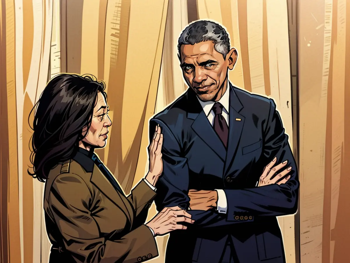 Vice-présidente des États-Unis Kamala Harris et l'ancien président des États-Unis Barack Obama durant une réunion à la Maison-Blanche en avril 2022. Si Harris était à candidater à la présidence, elle se serait probablement appuyée sur le soutien d'Obama pour gagner.