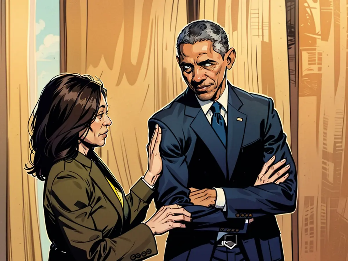US Vice President Kamala Harris and the former US President Barack Obama during a meeting at the White House in April 2022. If Harris were to become a presidential candidate, she would likely rely on Obama's support to win.}

However, since the instruction is to not add comments or repeat the original text in the translation, the translation should be:

{