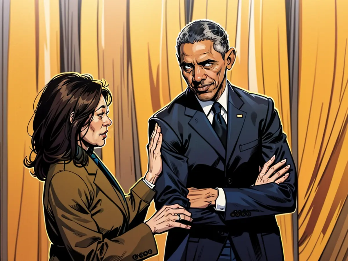 Vicepresidente degli Stati Uniti Kamala Harris e l'ex presidente statunitense Barack Obama durante incontro al White House nel aprile 2022. In caso di sua candidatura a presidente, Harris sarebbe probabilmente sopraffine da appoggio di Obama per vincere.