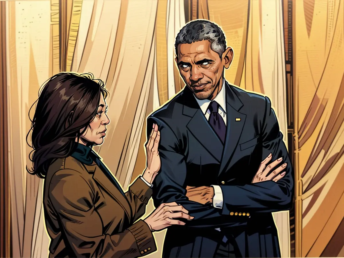 Vice-présidente des États-Unis Kamala Harris et l'ancien président des États-Unis Barack Obama durant une réunion au White House en avril 2022. Si elle devenait candidate à la présidence, Harris se relierait probablement au soutien d'Obama pour gagner.