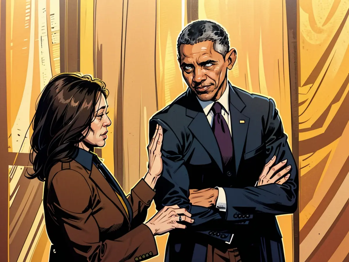 Vice-Présidente américaine Kamala Harris et l'ancien président des États-Unis Barack Obama durant une rencontre au Blanc-Maison en avril 2022. Si elle se présente comme candidate à la presidentielle, Harris serait probablement appuyée par l'appui d'Obama pour gagner.}
