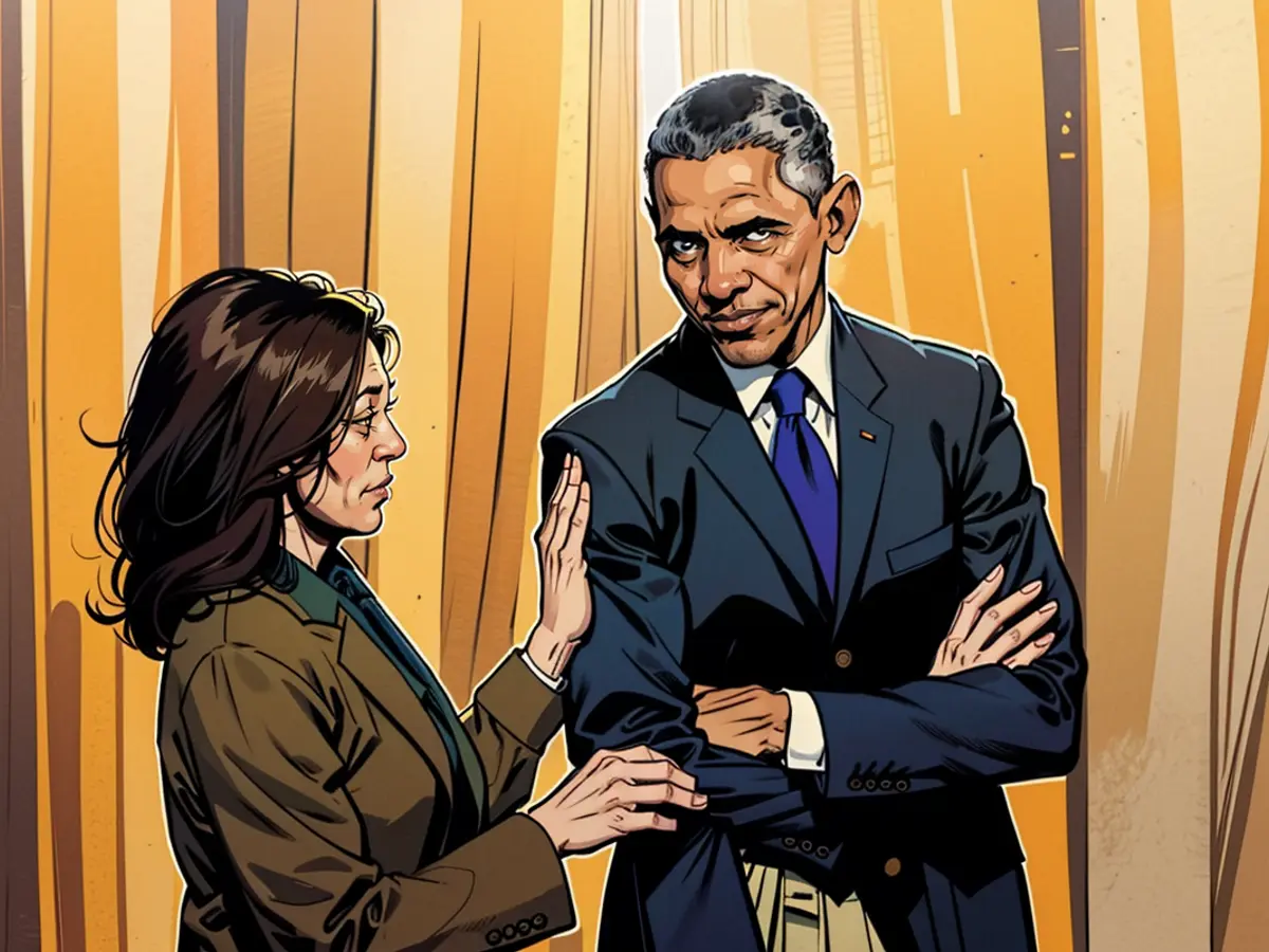 Vicepresidente degli Stati Uniti Kamala Harris e l'ex presidente statunitense Barack Obama in una riunione alla Casa Bianca a aprile 2022. In caso di sua candidatura presidenziale, Harris sarebbe probabilmente in grado di contare sul suo appoggio per vincere.