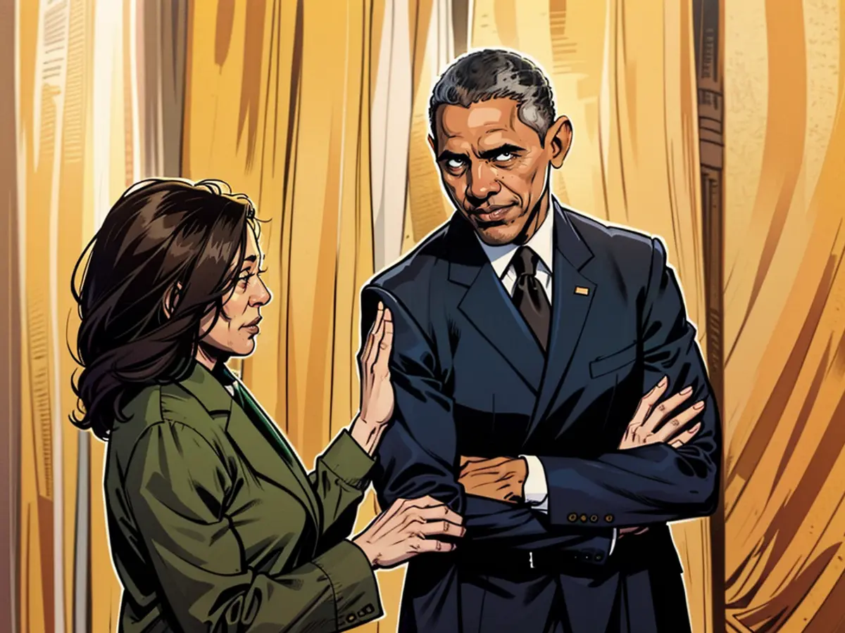 Vicepresidente estadounidense Kamala Harris y el expresidente estadounidense Barack Obama durante una reunión en la Casa Blanca en abril de 2022. Si se postula como candidata a presidente, Harris probablemente se apoyaría en el apoyo de Obama para ganar.