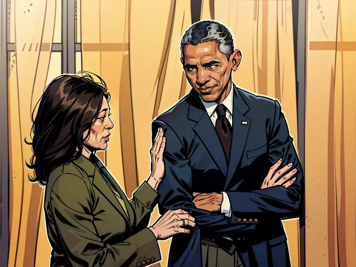Vicepresidente degli Stati Uniti Kamala Harris e l'ex Presidente statunitense Barack Obama durante un incontro al White House nel aprile 2022. Se fosse candidata a presidente, Harris sarebbe probabilmente dipendente dal supporto di Obama per vincere.