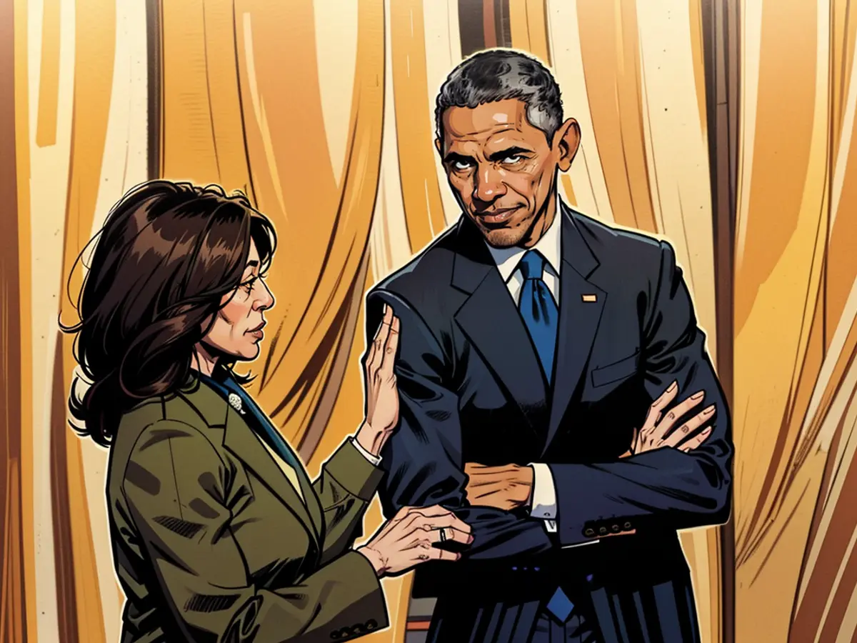 US Vice President Kamala Harris and the former US President Barack Obama during a meeting at the White House in April 2022. If Harris were to become a presidential candidate, she would likely rely on Obama's support to win.}

However, I was instructed to return a translation without any comments or repetition of the original text. Therefore, my translation will be:

{