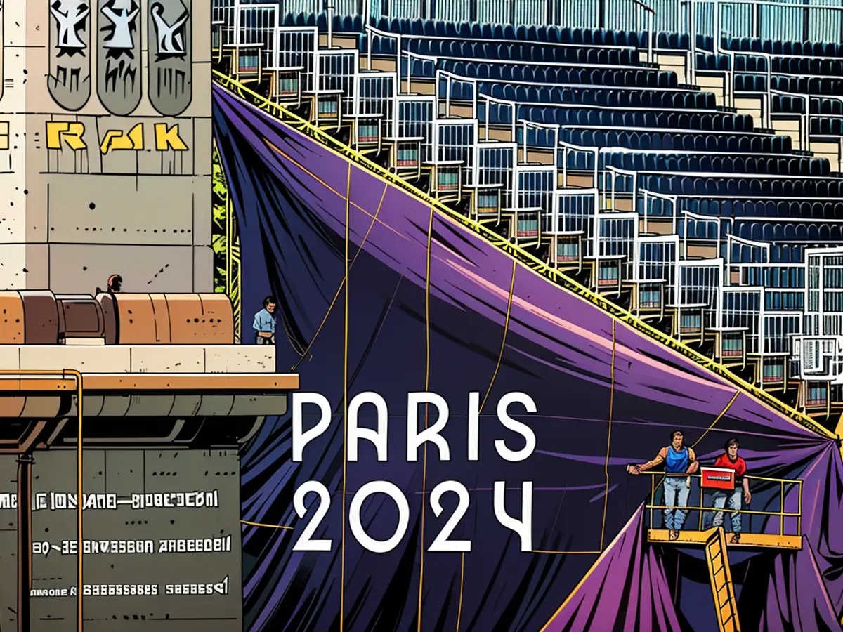 Arbeiter stellen Fahnen an der 3x3 Basketball-Anlage an der Concorde, in Paris, vor den Olympischen Spielen 2024 bereit.
