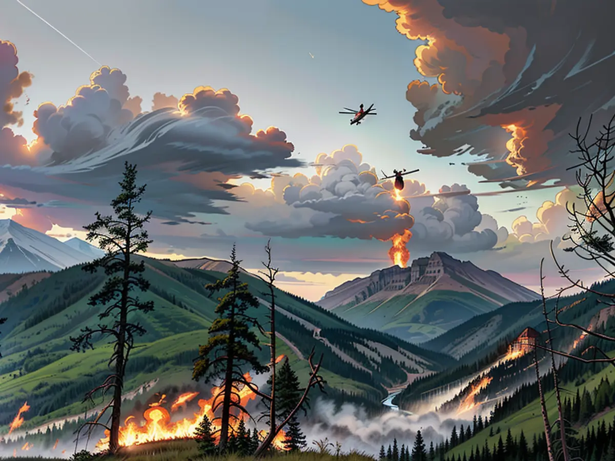 Un elicotteroiscita acqua sugli incendi smorzanti fuori da Jasper, Alberta, Canada, il 26 luglio 2024. I fuochi selvagi che si avvicinano al sito abitato di Jasper hanno costretto all'evacuazione del parco nazionale.