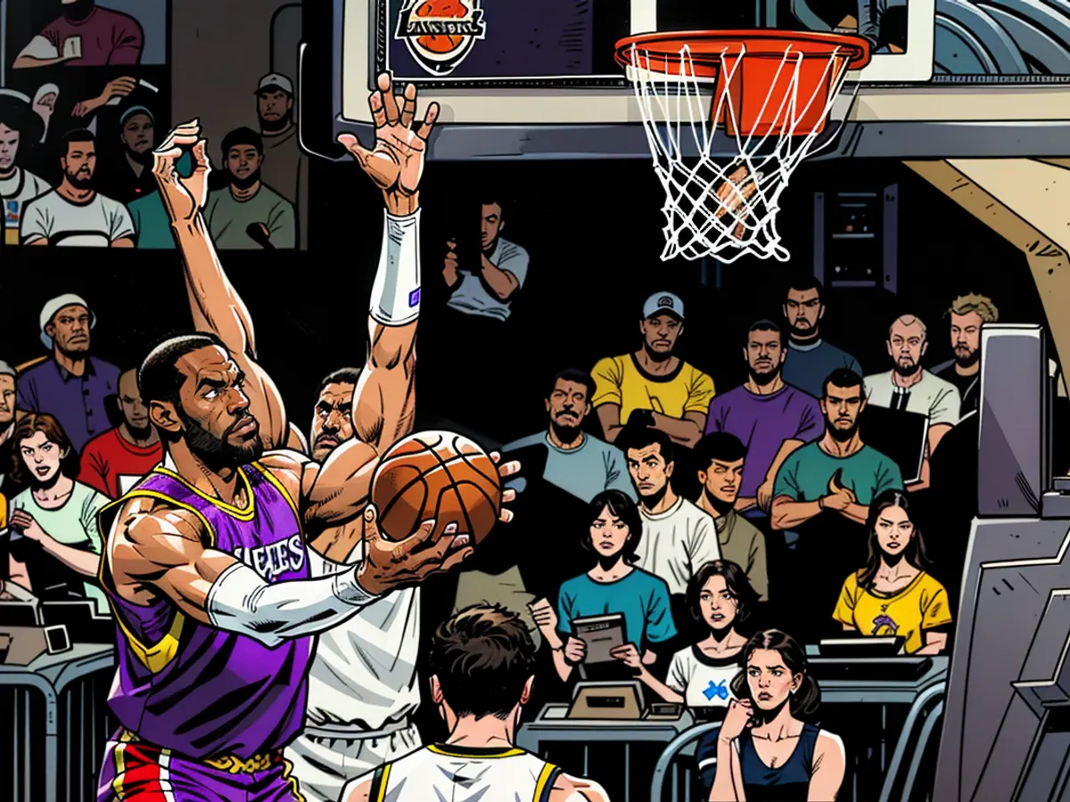 Gabriel attempts to block a shot against Los Angeles Lakers superstar LeBron James.