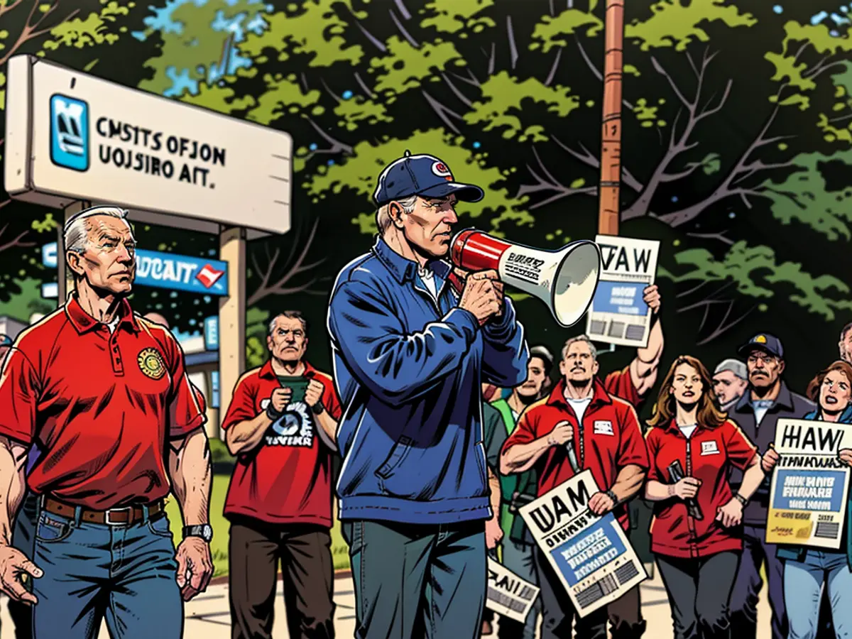 Presidente Joe Biden se une a los obreros en huelga de la United Auto Workers en Van Buren Township, Michigan, el 26 de septiembre de 2023.