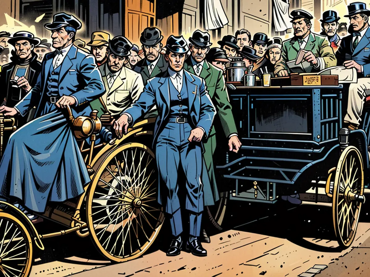 Scrisse Storia: Fuga dallaLondon a Brighton del 1896 con Arnold Motor Carriage (a sinistra) come licenza Benz Velo.