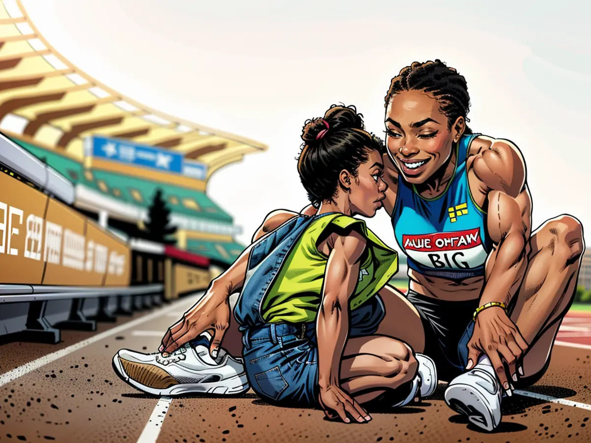 EUGENE, OREGON - JUNE 20: Allyson Felix celebrates with her daughter Camryn after finishing second in the Women's 400 Meters Final on day three of the 2020 U.S. Olympic Track & Field Team Trials at Hayward Field on June 20, 2021 in Eugene, Oregon. (