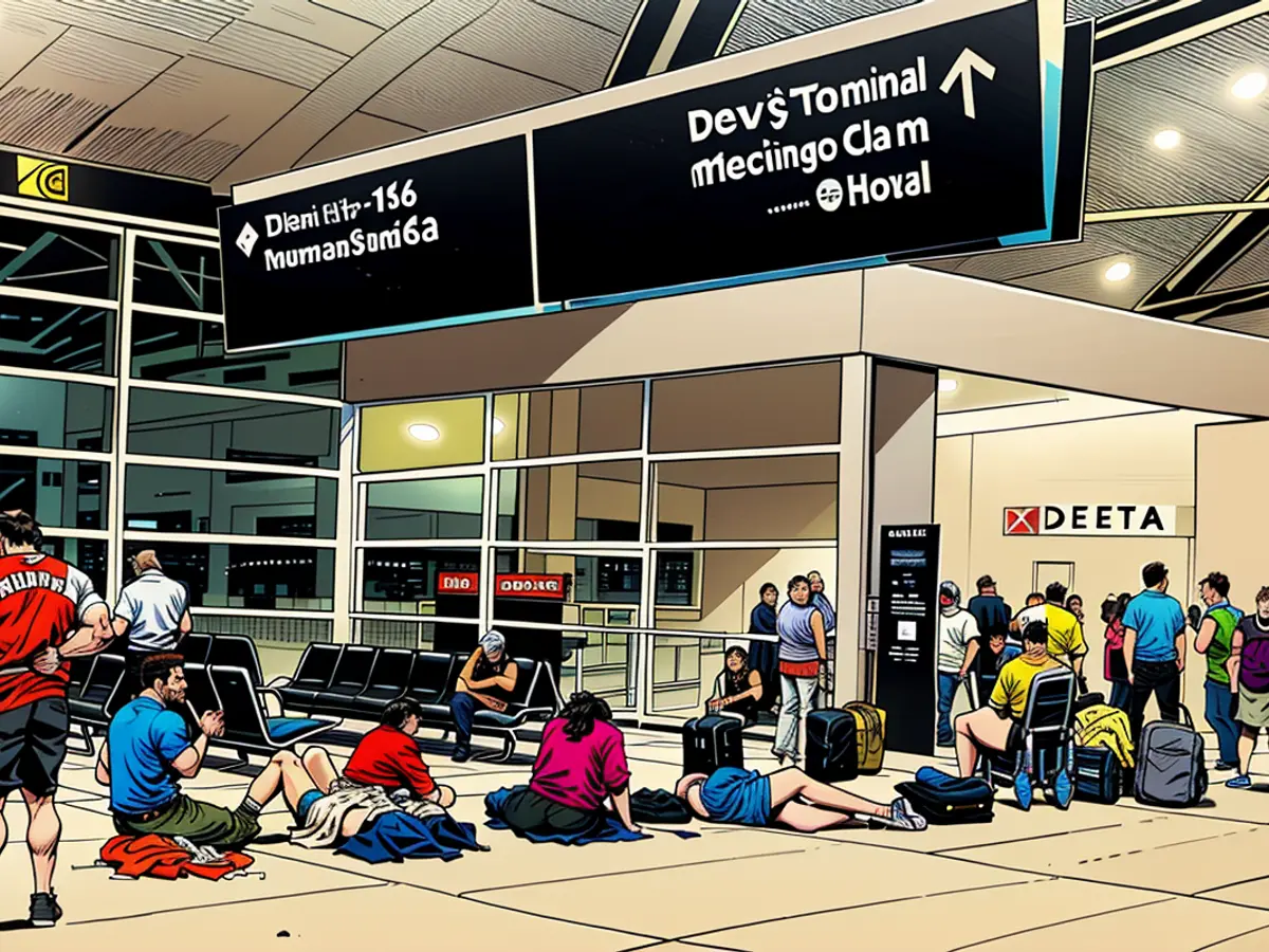 I viaggiatori si tengono in fila a lungo per parlar liberamente con un rappresentante Delta alla postazione aiuto nel terminal McNamara all'Aeroporto Metropolitano di Detroit Wayne County il 20 luglio.